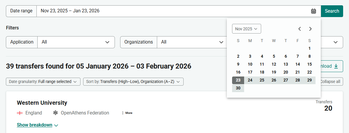 Date range field, which shows 'Nov 23, 2025 - Jan 23, 2026'. Beneath the field is a pop-up calendar, from which the user can pick different dates. There is also a button labeled 'Search'.