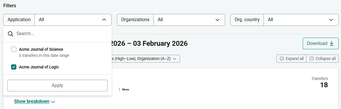 Group of filters, labeled 'Application', 'Organizations' and 'Org. country'. Each filters defaults to the value 'All'. The Application filter is expanded to show available options, including 'Acme Journal of Science' (which shows the note '0 transfers in this date range') and 'Acme Journal of Logic' (which is selected). Following these options is a button labeled 'Apply'.