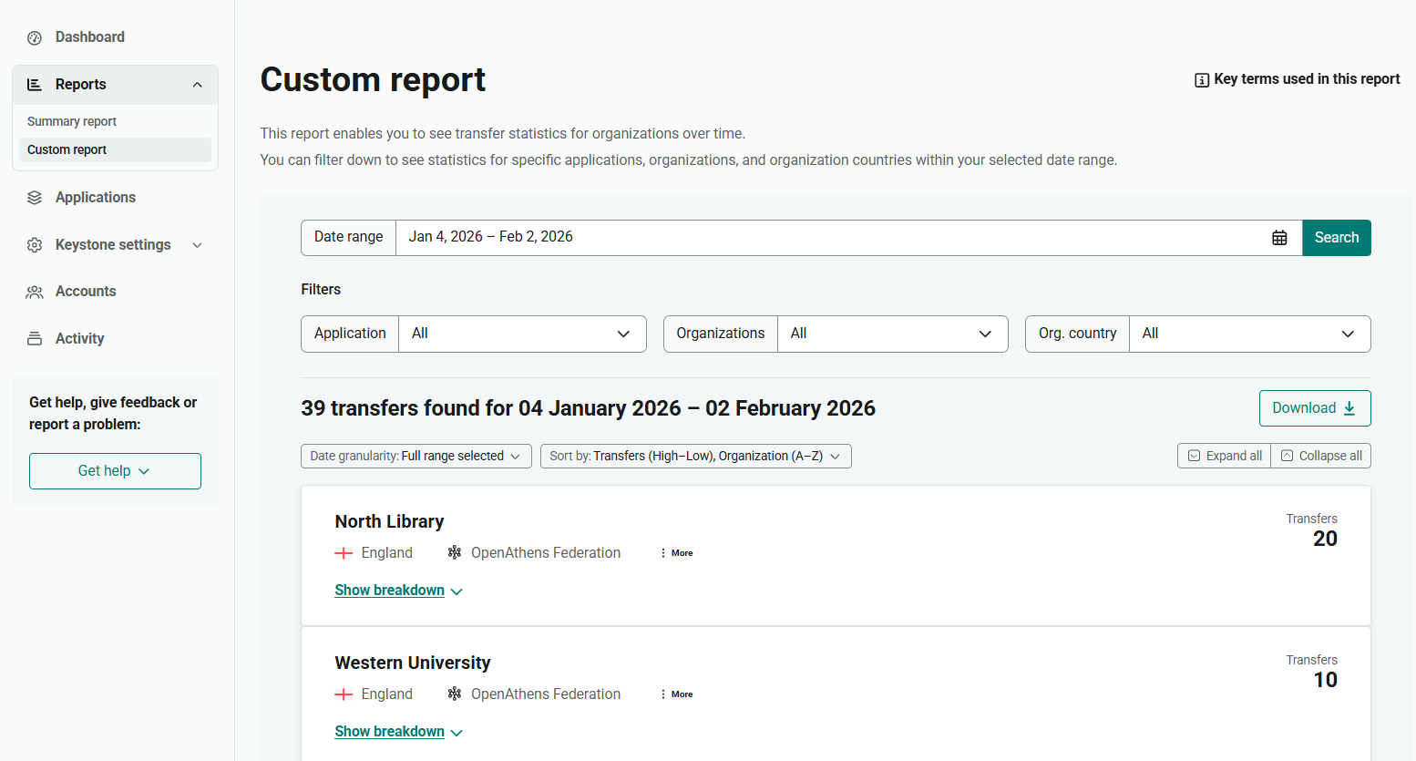Example of a custom report. A table shows transfers broken down by organization and application. There are filters for 'Date range', 'Application', 'Organizations', 'Org. country'. Additional controls enable you to set the sort order and level of granularity. There is also a button labeled 'Download'.