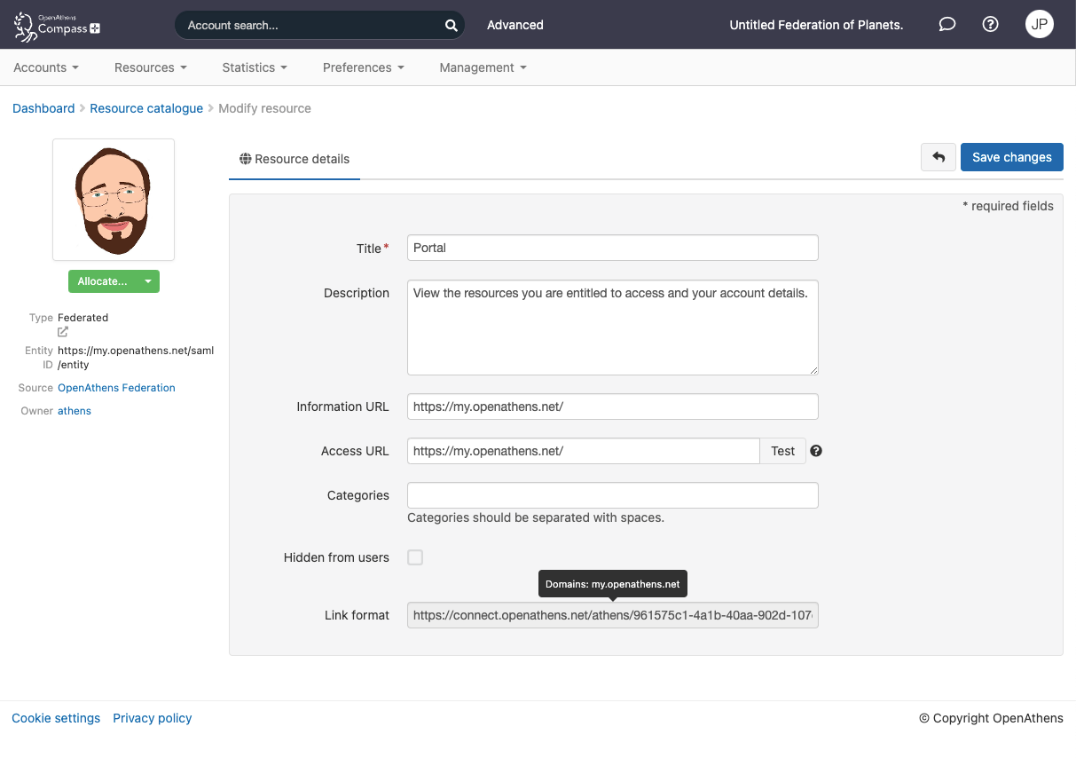 'Modify resource' screen, showing details of a resource. It displays the following editable fields - 'Title' (which is mandatory), 'Description', 'Information URL', 'Access URL', 'Categories' and 'Hidden from users' (the last is a check box that can be ticked or unticked). There is also a non-editable field called 'Link format'. At the top of the page is a button labeled 'Save changes'.