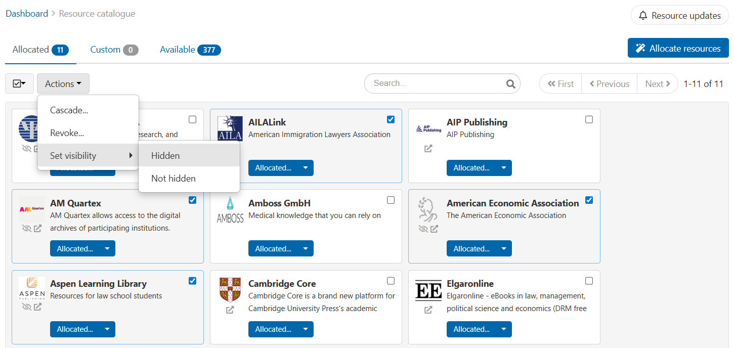 List of resources, in which four resources are ticked. The Actions menu is expanded to show the options 'Cascade', 'Revoke' and 'Set visibility'. 'Set visibility' is in turn expanded to show the options 'Hidden' and 'Not hidden'.