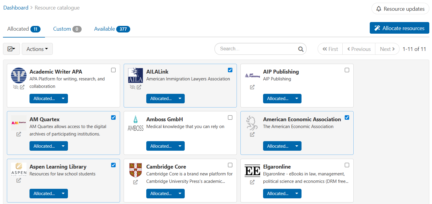 Resource catalogue, open at the default 'Allocated' tab. Nine resource cards are visible on the screen. Four of these are ticked. Above the list of resources is a drop-down menu labeled 'Actions'.