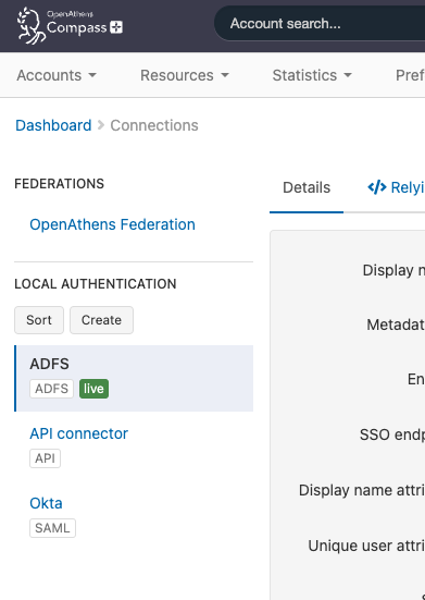 Connections page, showing existing connections in the left sidebar. Under the subheading 'Local authentication' are buttons labeled 'Sort' and 'Create'.