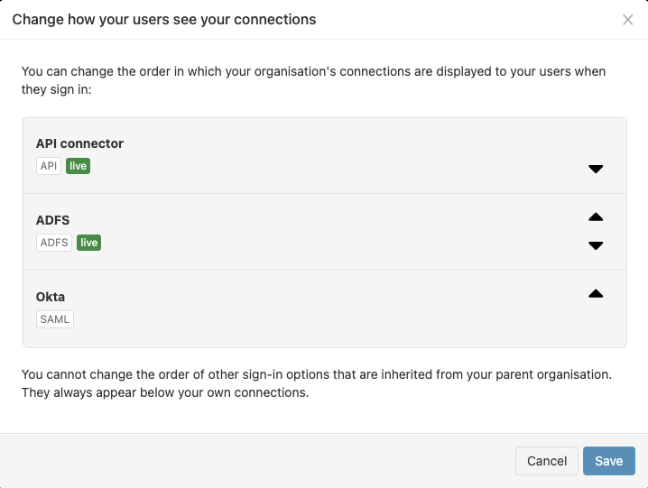 Pop-up window titled 'Change how your users see your connections'. It shows a list of connections, with controls for moving each connection up or down in the list. At the bottom of the window are buttons marked 'Save' and 'Cancel'.