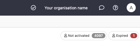 Part of the top menu bar in the admin area, showing an example organization called 'Your organisation name'.
