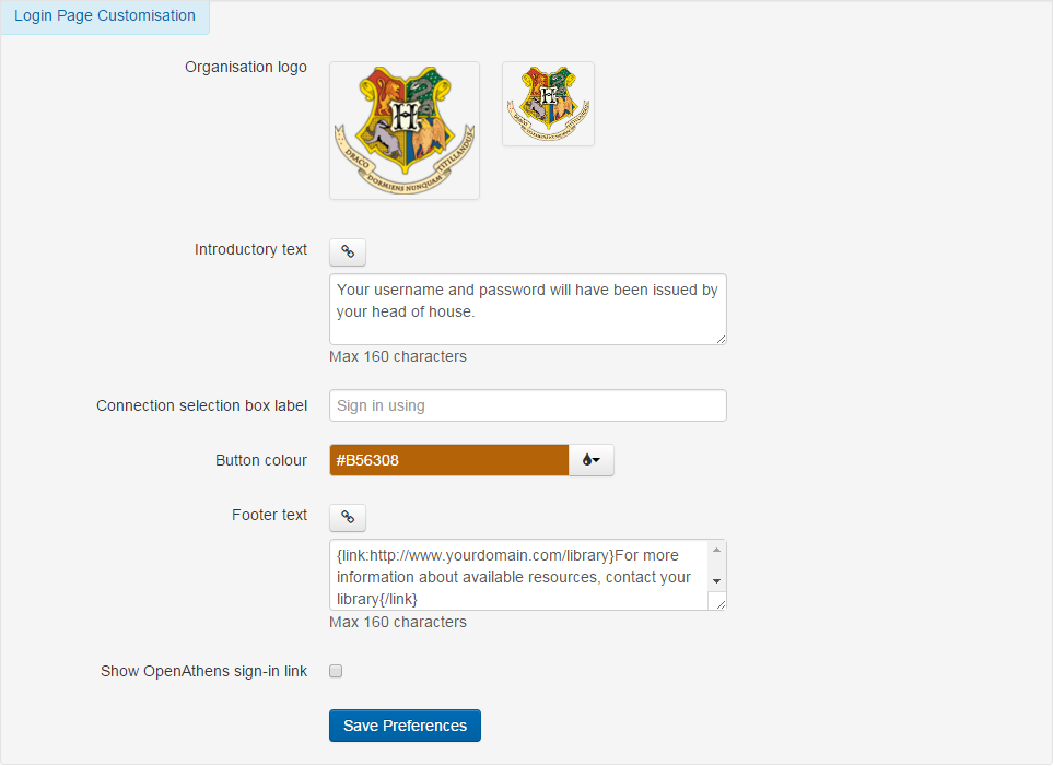 Settings under 'Login Page Customization'. First there is the 'Organization logo', in large and small sizes, followed by 'Introductory text' (maximum 160 characters). Following these is a text field called 'Conection selection box label'. 'Button color' contains a color hex value, which can be selected from a color picker. There is also a field called 'Footer text' (maximum 160 characters) and a check box labeled 'Show OpenAthens sign-in link'. At the bottom is a button labeled 'Save preferences'.