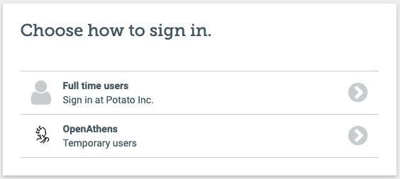 Screen headed 'Choose how to sign in'. There are two options, 'Full time users - Sign in at Potato Inc.' and 'OpenAthens - Temporary users'.