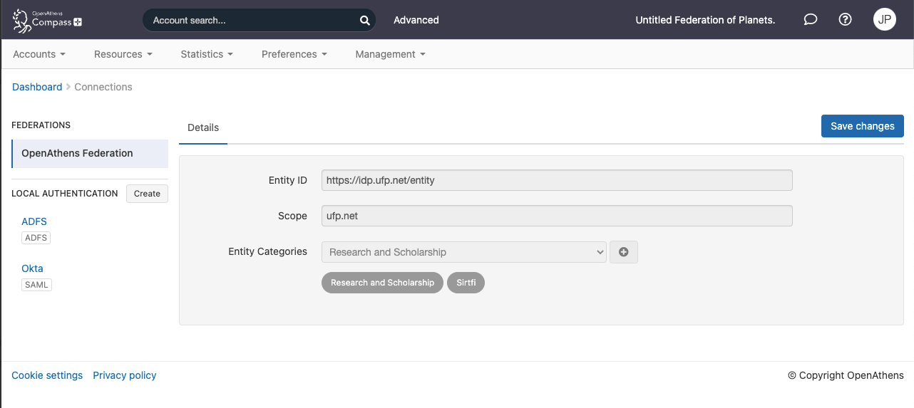 Details of a federated connection. The following fields are editable - 'Entity ID', 'Scope' and 'Entity categories ' (a drop-down list). At the top of the page is a button labeled 'Save changes'.