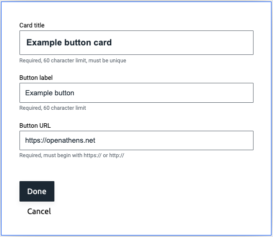 Pop-up window showing options for creating a new button card. There are three text fields - 'Card title', 'Button label' and 'Button URL'. At the bottom of the window are buttons labeled 'Done' and 'Cancel'.