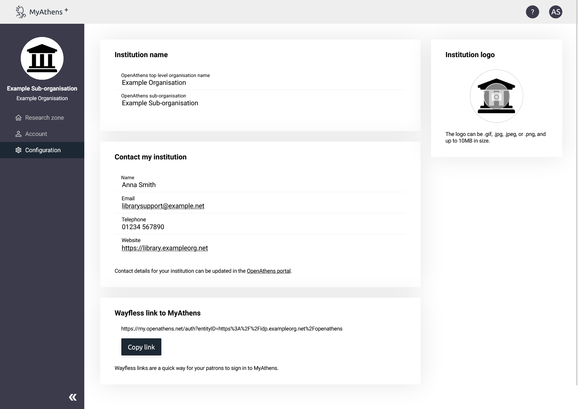 Configuration page for an example organization. The page shows the organization's name and public contact details (which are editable in the OpenAthens admin area). There is also an option to change the logo displayed in MyAthens. Under the subheading 'Wayfless link to MyAthens', administrators can copy a Wayfless login link to share with their users.