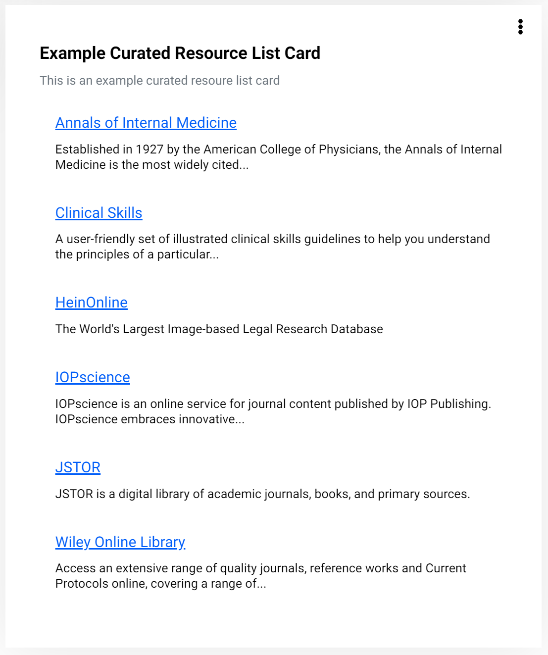 Example of a curated list when published. The list is titled 'Example Curated Resource List Card', and displays links to selected academic resources in alphabetical order.