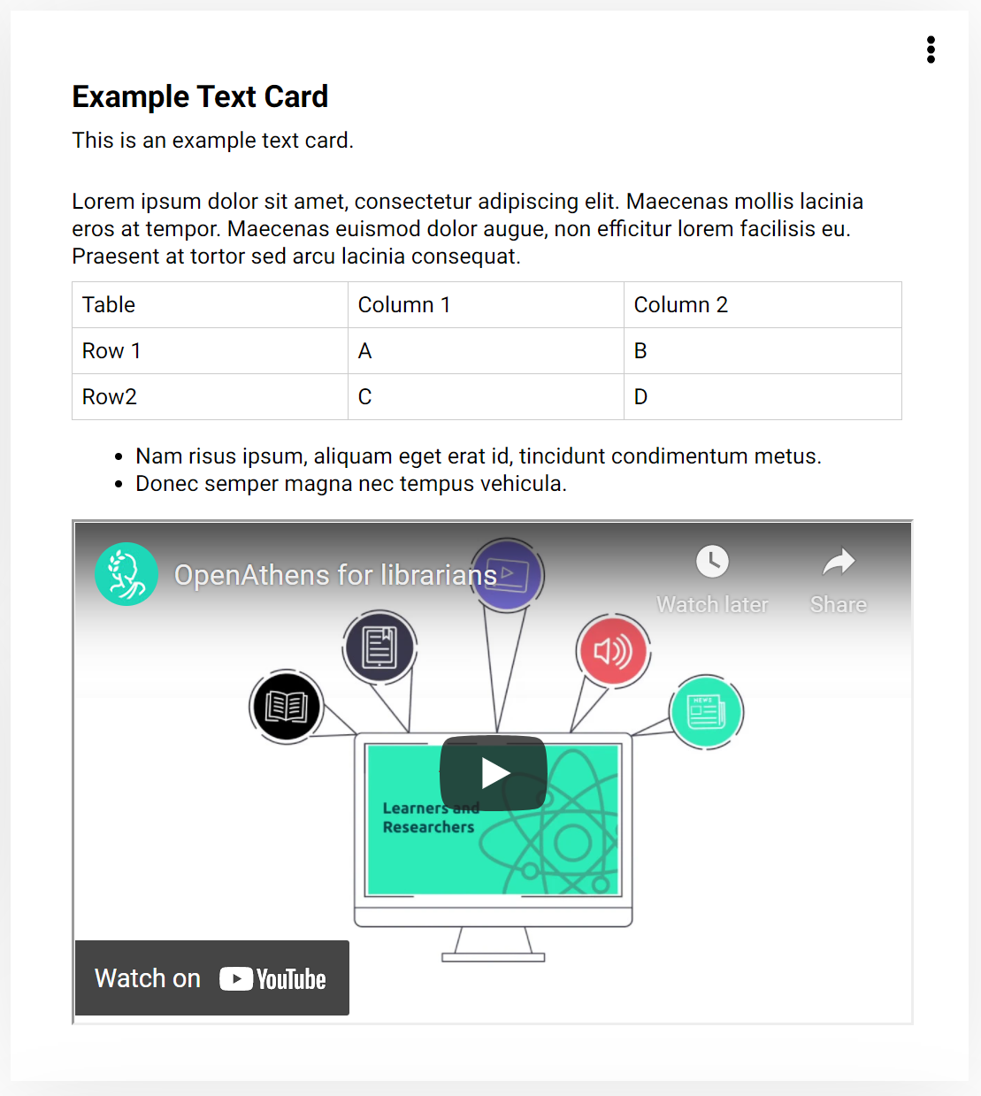 Example of a card as it will display when published. The card, which is called 'Example Test Card', includes some placeholder text, a data table, and an embedded YouTube video.