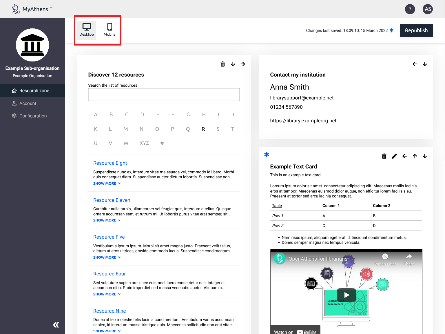 Screenshot of the MyAthens Research Zone. At the top of the screen are options to choose desktop or mobile display. Desktop is selected.