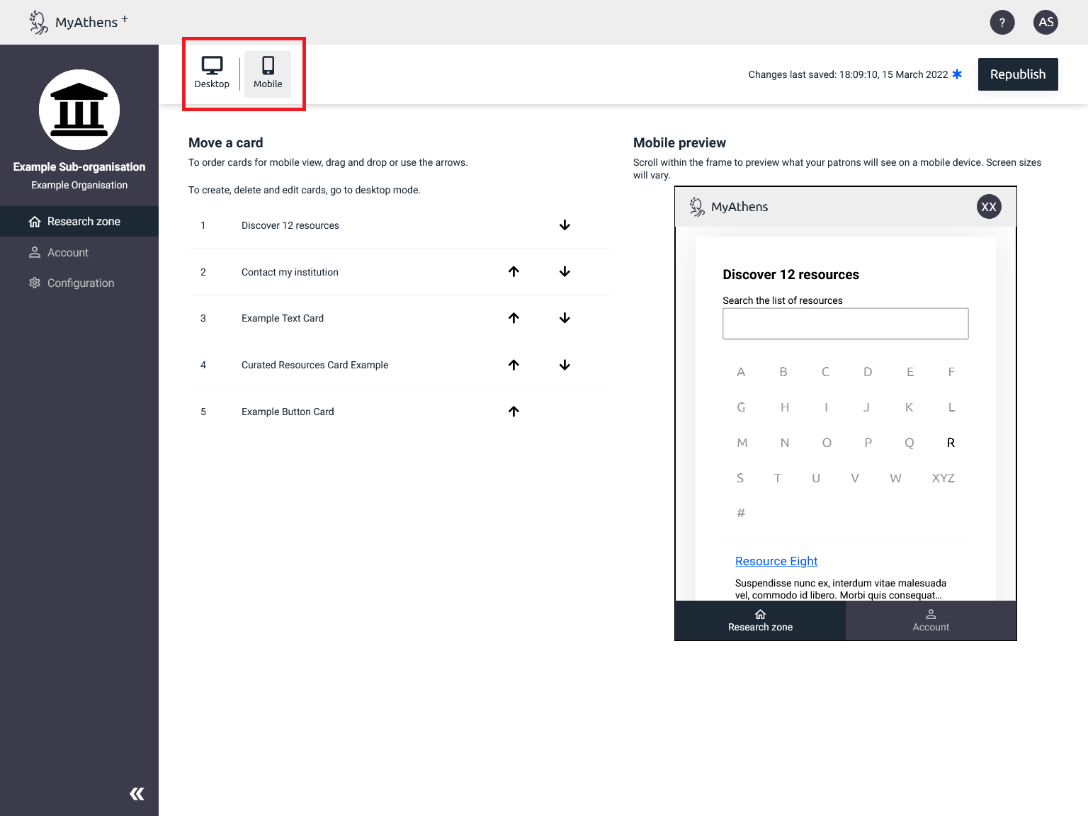 Screenshot of the Research Zone, now with mobile display selected. In the right pane is a preview of how the site will look on mobile.