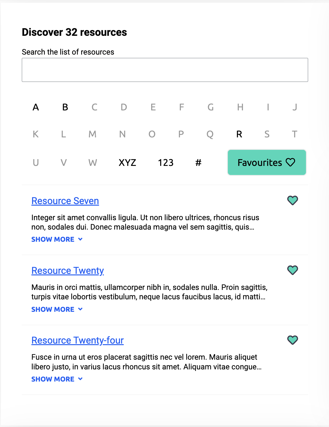 Example of a card displaying a list of resources. Users can search the list or jump to resources that begin with a specific letter. They can also mark resources as favorites.