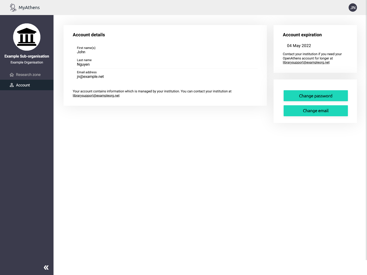 Screenshot of MyAthens, showing the account details of an example sub-organization. Details include the organization's contact name and email address, and the date on which the account expires. There are also options to change password and email address.