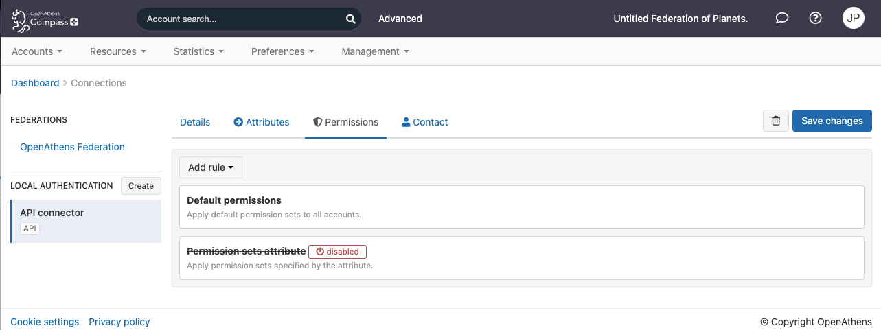 Permissions tab of a local connection. It shows a list of permission sets. The first is called 'Default permissions' and has the description 'Apply default permission sets to all accounts.'