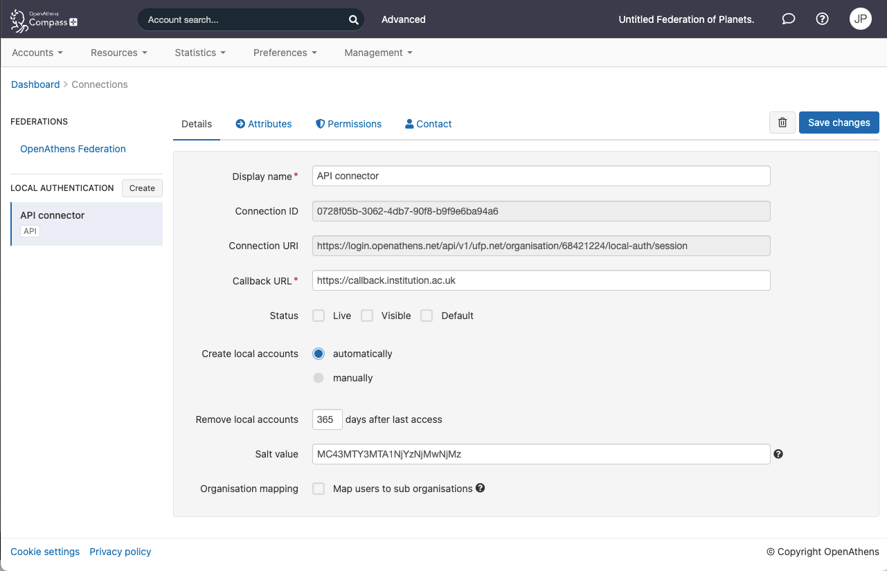 Details of a local connection called 'API connector'. They include the fields 'Display name', 'Connection ID', 'Connection URL', 'Callback URL', 'Status', 'Create local accounts' (which can be set to 'automatically' or 'manually'), 'Remove local accounts' (after a specified time period), 'Salt value' and 'Organization mapping'. At the top of the page is a button labeled 'Save changes'.