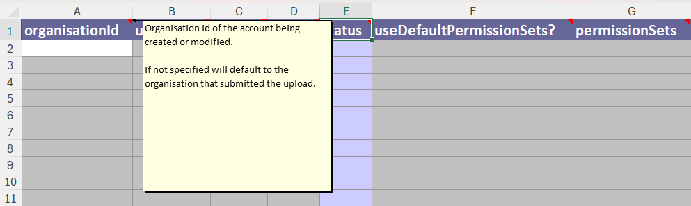 Part of the upload template, showing a floating tooltip that describes the 'organisationId' column.