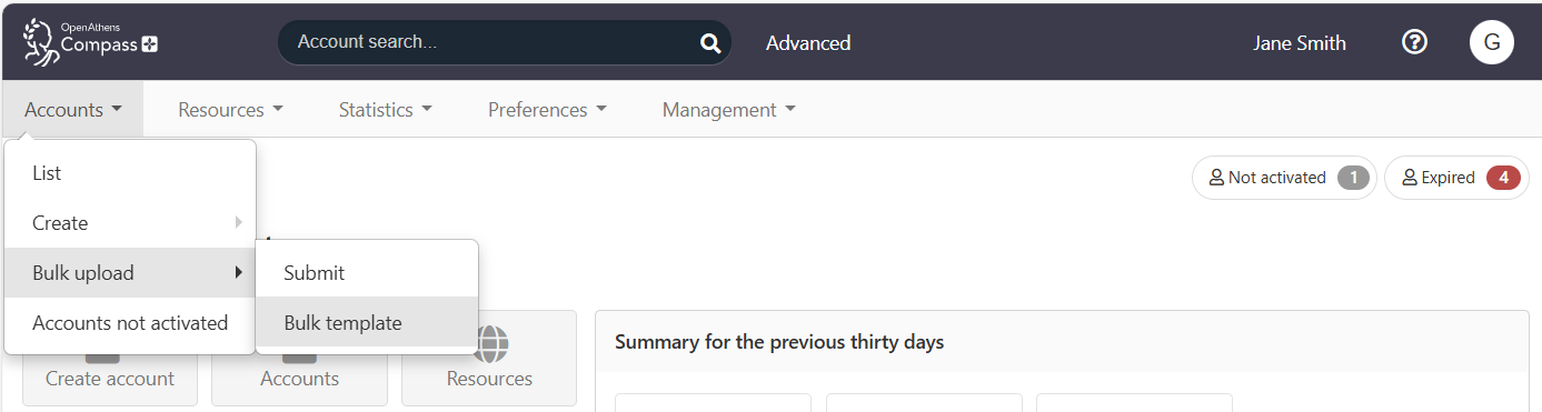 Main menu of the admin area. The top-level menu item 'Accounts' is expanded to show the second-level options 'List', 'Create', 'Bulk upload' and 'Accounts not activated'. 'Bulk upload' is selected in turn, showing the third-level options 'Submit' and 'Bulk template'. 'Bulk template' is highlighted.
