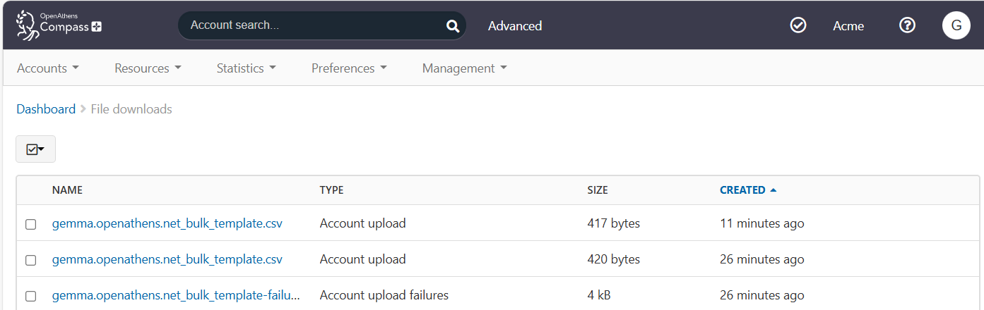 File downloads screen. It shows a list of three files, displayed as a table. The table has four columns - 'Name', 'Type', 'Size' and 'Created'. Two of the files have the type 'Account upload', while the third has the type 'Account upload failures'. The name of each file is a link to download the file.