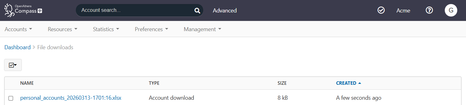 File downloads page, showing a list of downloads. At the top of the list is a file of the type 'Account download'. The name of the file is a link.