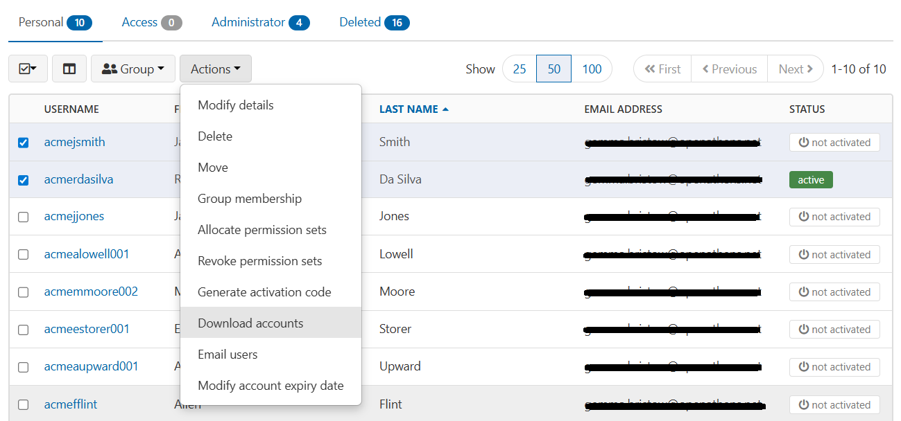 List of accounts, in which two accounts are ticked. The Actions menu is expanded to show the range of available actions. The action 'Download accounts' is highlighted.