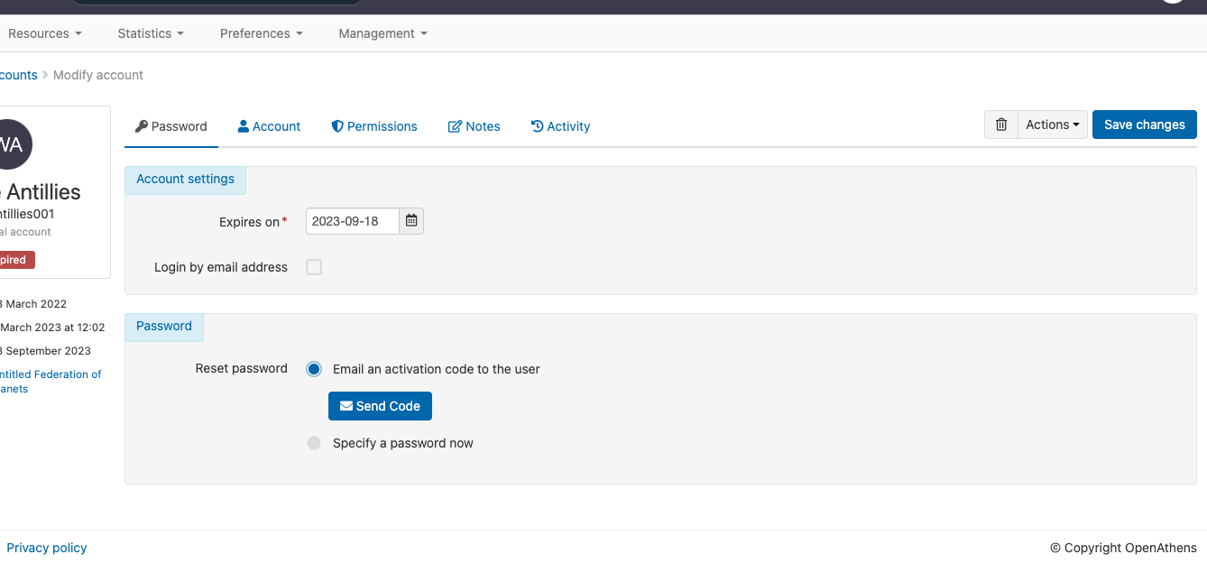 Password tab of a user account. Under the heading 'Password', the option 'Reset password' is set to 'Email an activation code to the user'. Following this is a button labeled 'Send code'.