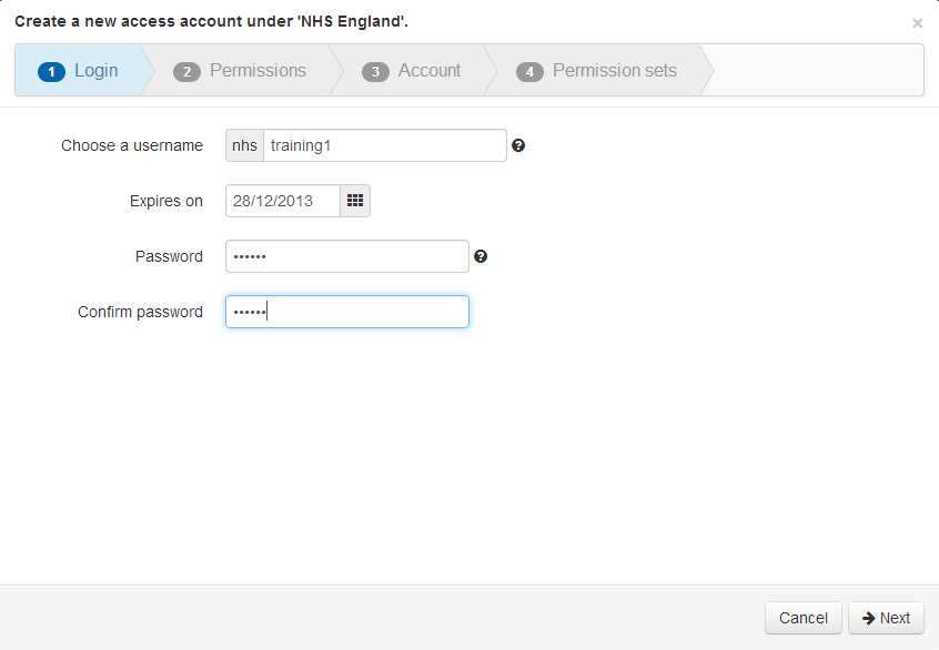 Login tab of a wizard titled 'Create a new access account under NHS England'. There is a text field, 'Choose a username', in which the account prefix is already loaded. This is followed by a date field labeled 'Expires on', and text fields labeled 'Password' and 'Confirm password'. At the bottom of the screen are buttons marked 'Next' and 'Cancel'.
