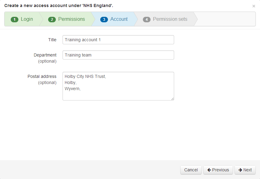 Account tab of the 'Create a new access account' wizard. It contains three text fields - 'Title', 'Department (optional)' and 'Postal address (optional)'. At the bottom of the screen are buttons labeled 'Next', 'Previous' and 'Cancel'.