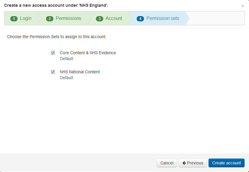 'Permission sets' tab of the 'Create a new access account' wizard. Following the text 'Choose the permission sets to assign to this account' are two check boxes labeled with the names of permission sets. Both permission sets are marked as default and are ticked. At the bottom of the window are buttons labeled 'Create account', 'Previous' and 'Cancel'.