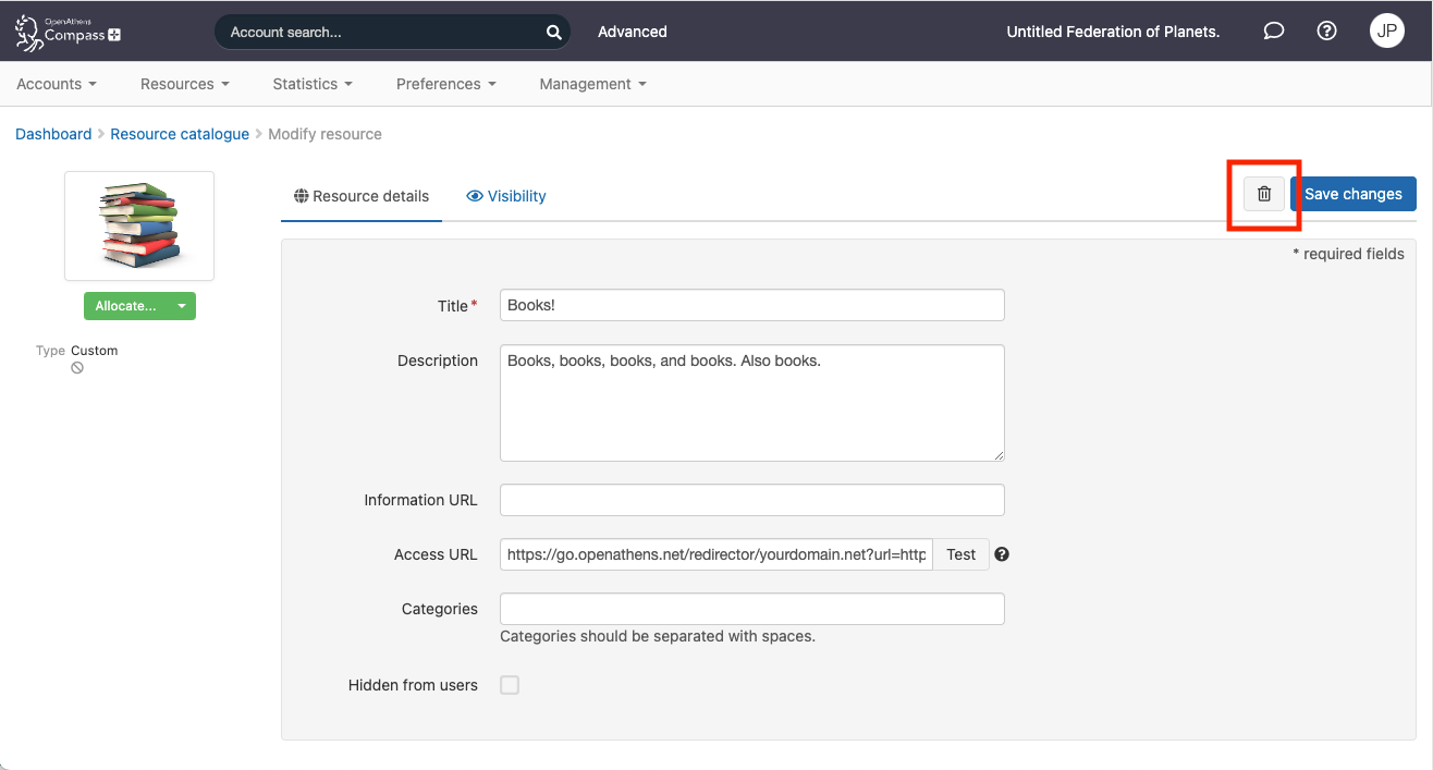 'Modify resource' screen of a custom resource. At the top of the page are buttons labeled 'Delete custom resource', which is highlighted, and 'Save changes'.
