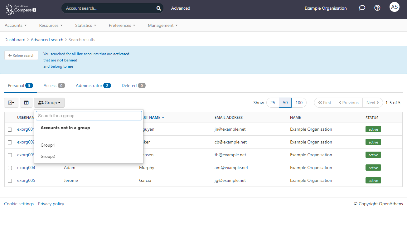 List of search results. Above the list, the 'Group' drop-down menu is expanded, showing a searchable list of groups. 