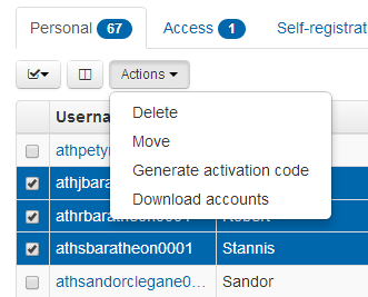 List of accounts, in which three accounts are ticked. Above the list, the 'Actions' drop-down menu is expanded to show available actions - 'Delete', 'Move', 'Generate activation code' and 'Download accounts'.