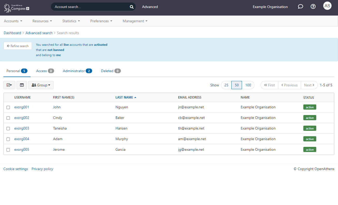 Screenshot of search results matching the criteria 'live', 'activated', 'not banned' and 'belonging to me'. Each result includes the username, first names, last name, email address, organization and status of the user.