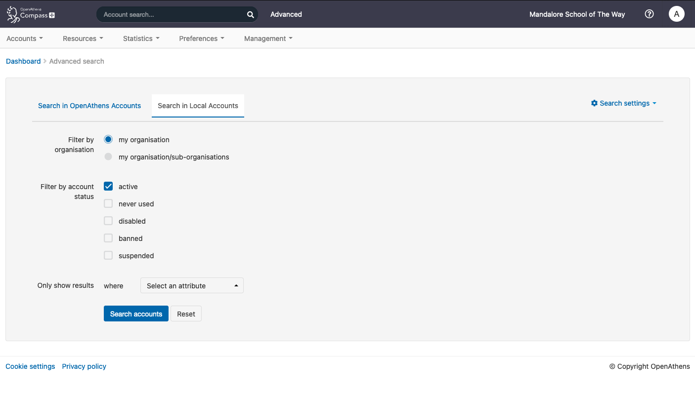 Screenshot of the Advanced search - Search in Local Accounts tab. This search has options to filter by organization, account status, and attribute. At the bottom of the screen are buttons labeled 'Search accounts' and 'Reset'.