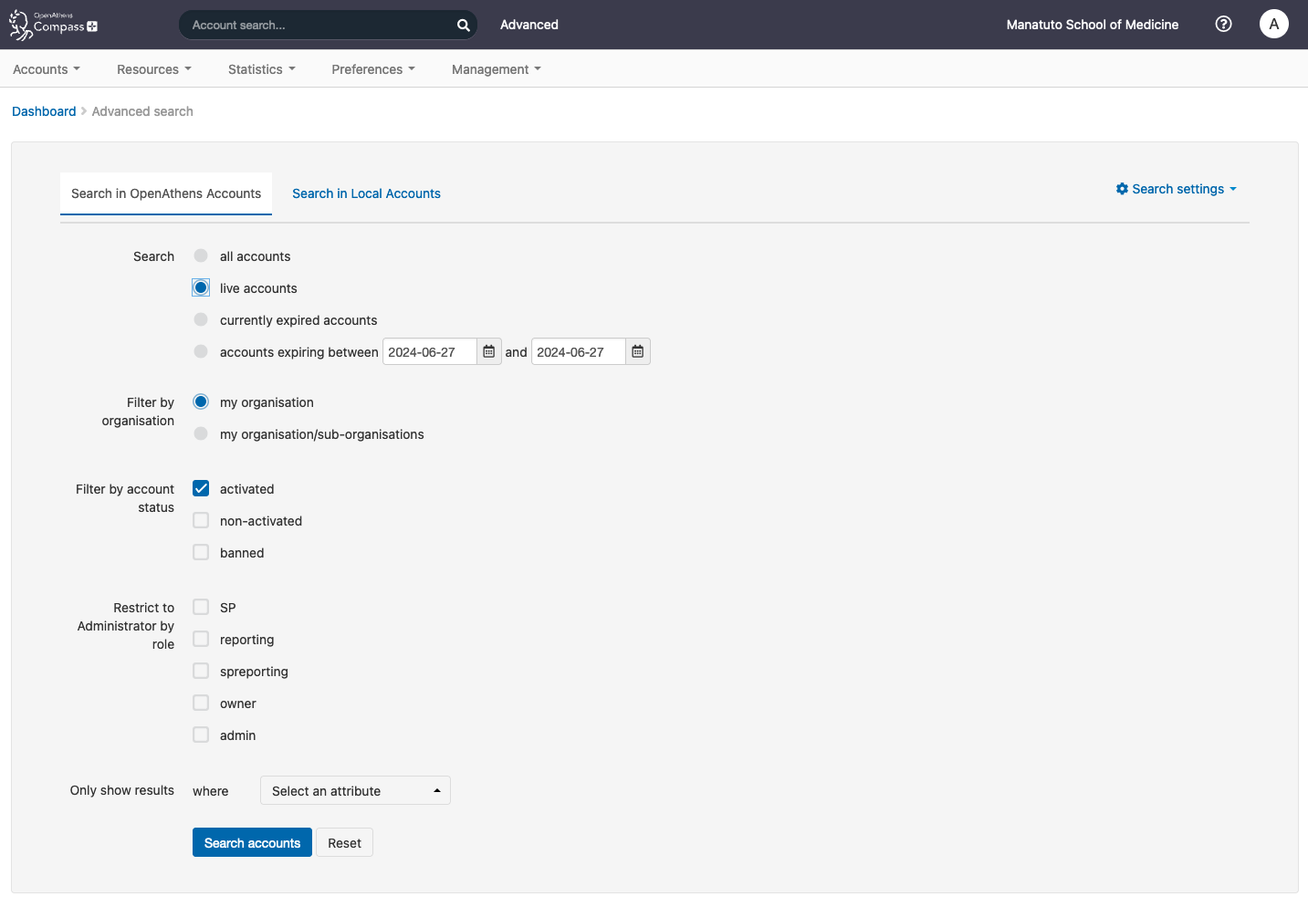 Screenshot of the Advanced search - Search in OpenAthens Accounts tab. This search has options to filter by organization, account status, role and attribute. At the bottom of the screen are buttons labeled 'Search accounts' and 'Reset'.