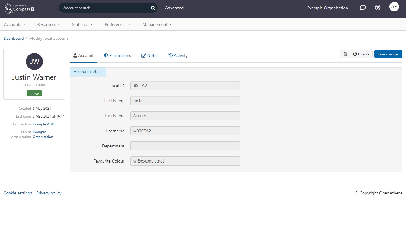 Account tab for the Justin Warner account. This tab includes the fields 'Local ID', 'First name', 'Last name', 'Username', 'Department' and 'Favorite color'.