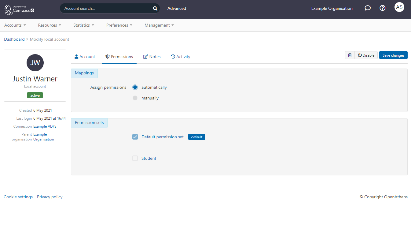 Permissions tab of the Justin Warner account. Under the heading 'Mappings', there is an option to assign permissions ether automatically or manually. Under the heading 'Permission sets', the administrator can select one or more permission sets. Two permission sets are available here - 'Default permission set' and 'Student'.