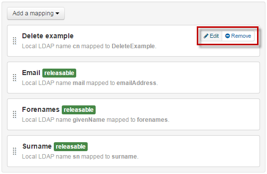 List of existing mappings. The first mapping, called 'delete example', shows options to 'Edit' or 'Remove'.