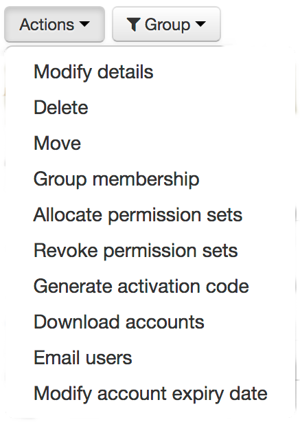 Actions drop-down menu, expanded to show the list of actions - 'Modify details', 'Delete', 'Move', 'Group membership', 'Allocate permission sets', 'Revoke permission sets', 'Generate activation code', 'Download accounts', 'Email users' and 'Modify account expiry date'.