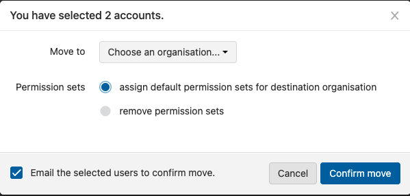 Screen confirming the details of moving two accounts. There is a drop-down list labeled 'Move to', from which to choose an organization. There is also a choice of actions regarding permission sets,'assign default permission sets for destination organization' or 'remove permission sets'. Finally, there is a check box labeled 'Email the selected users to confirm move', and buttons labeled 'Confirm move' and 'Cancel'.