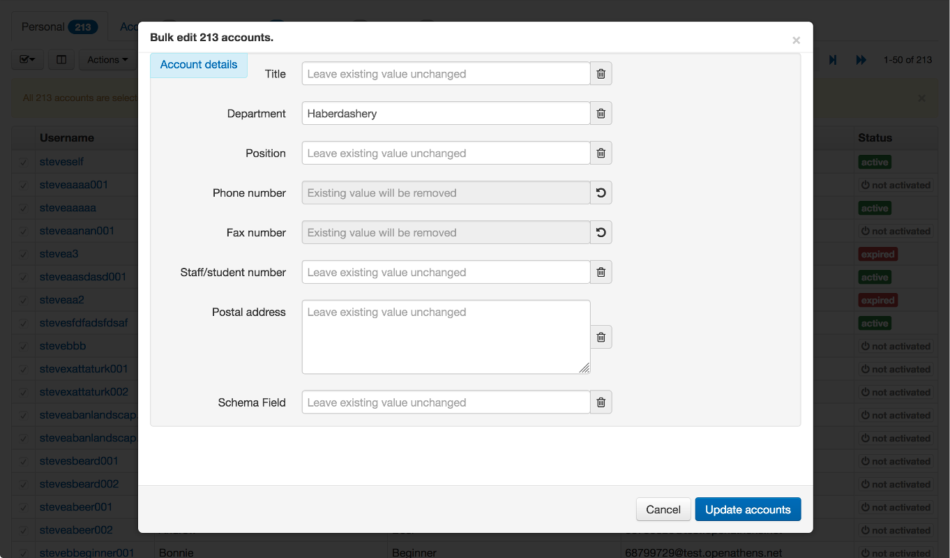 Account editing screen, headed 'Bulk edit 213 accounts'. Each detail of the user, including title, department and position, has the option to enter a new value or to leave the existing value unchanged.