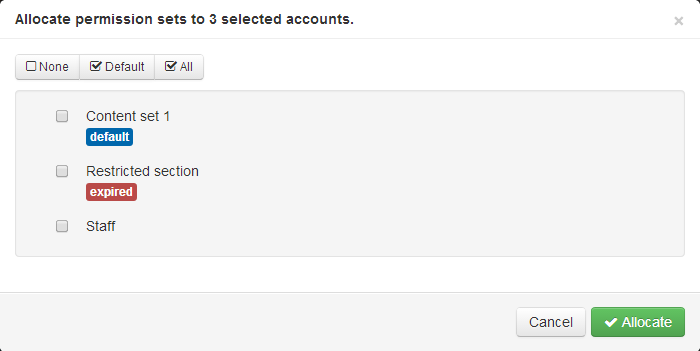 Screen headed 'Allocate permission sets to 3 selected accounts'. It lists three permission sets, each of which can be ticked or unticked. At the bottom of the screen are buttons labeled 'Allocate' and 'Cancel'.