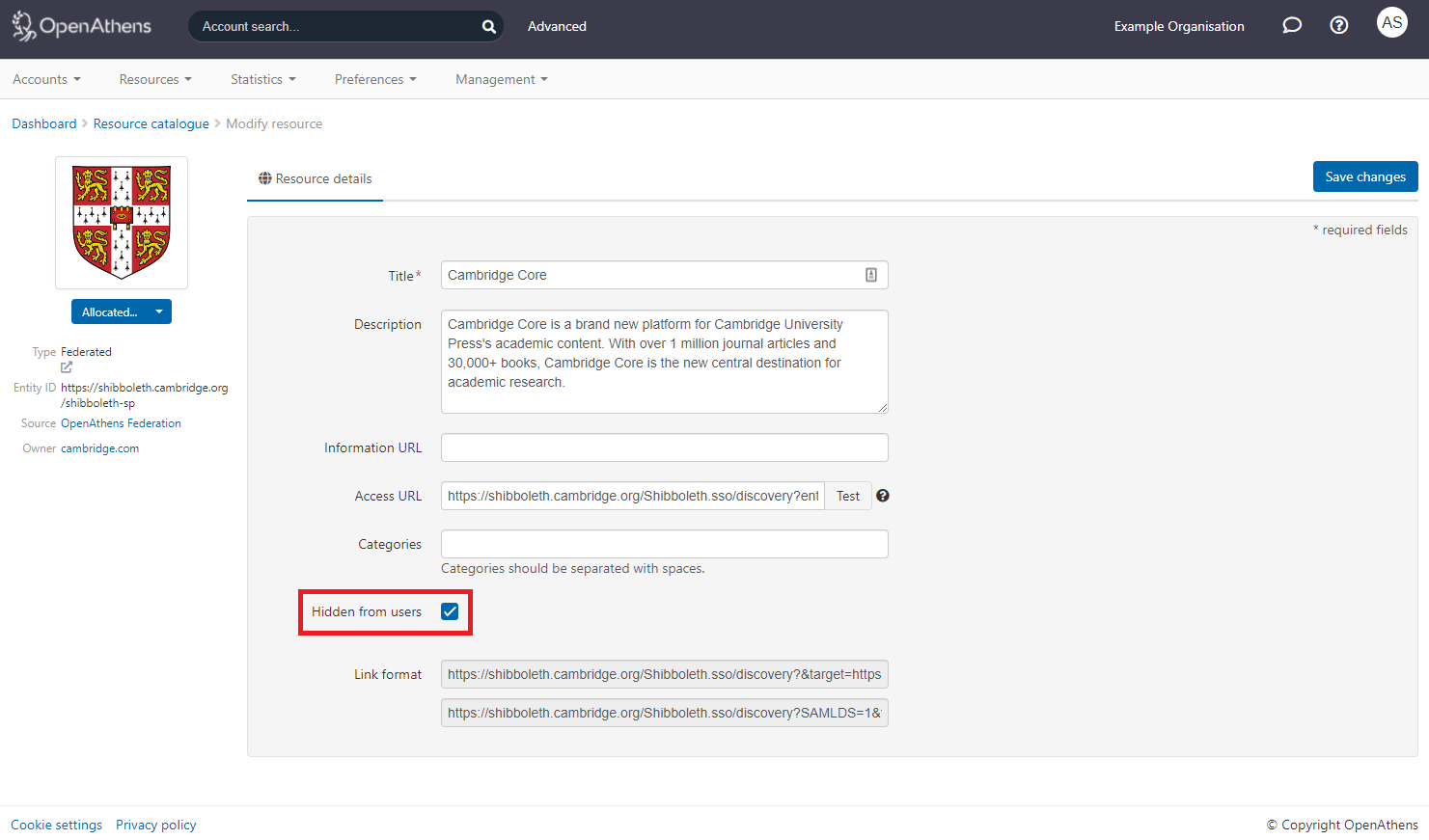 Editing options for a resource called 'Cambridge Core'. The fields shown include a check box labeled 'Hidden from users', which is ticked.