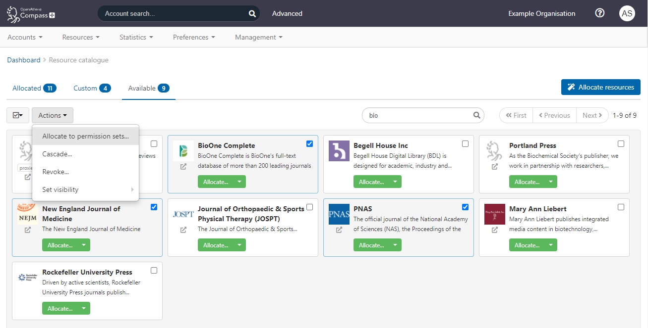 Resource catalog, in which selected resources are ticked. The Actions menu is open to show available actions. The action 'Allocate to permission sets' is highlighted.
