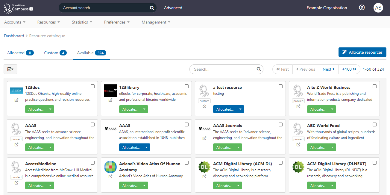 List of resources, some marked 'Allocated' and others displayed with the option 'Allocate'.
