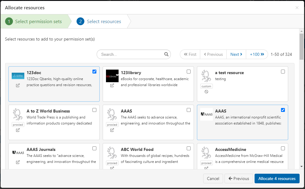 'Allocate resources' window, open at the second tab, 'Select resources'. This tab displays a searchable list of resources. Each resource can be ticked or unticked. At the bottom of the window are buttons labeled 'Allocate (selected number of) resources', 'Previous' and 'Cancel'.