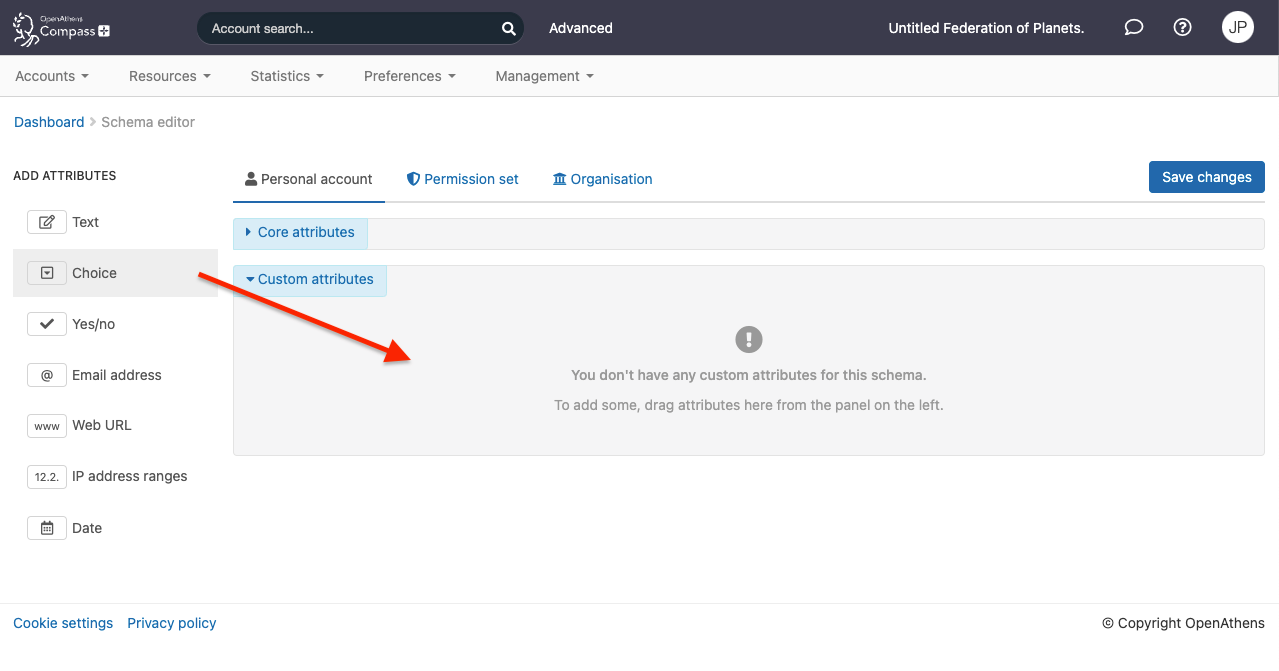 Schema editor, open at the 'Personal account' tab. An arrow shows the action of dragging the 'Choice' attribute type from the left sidebar into the empty area 'Custom attributes'.