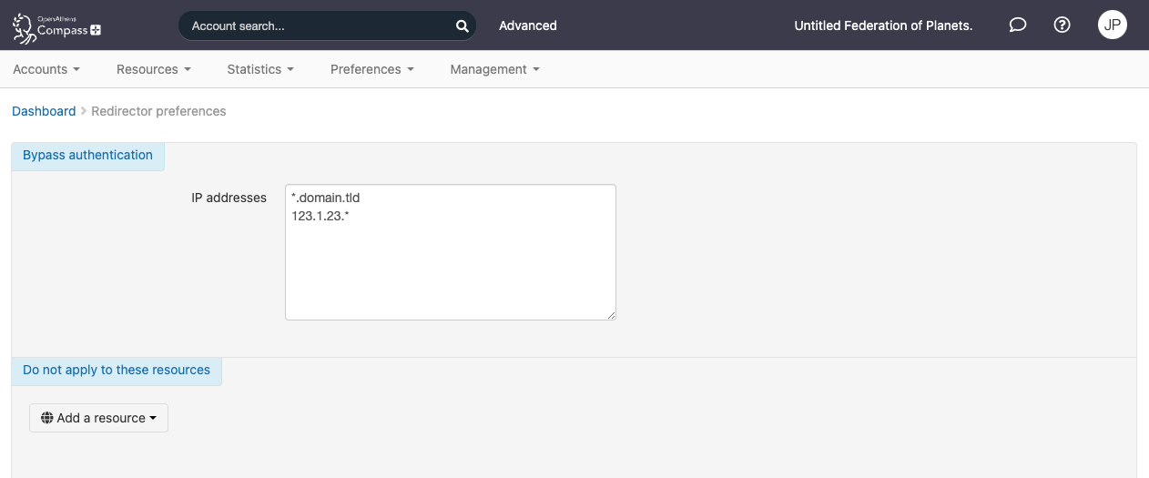 Redirector preferences screen. There is a large text field, 'IP addresses', which contains two addresses typed on separate lines. Under the subheading 'Do not apply to these resources' is a button labeled 'Add a resource'.